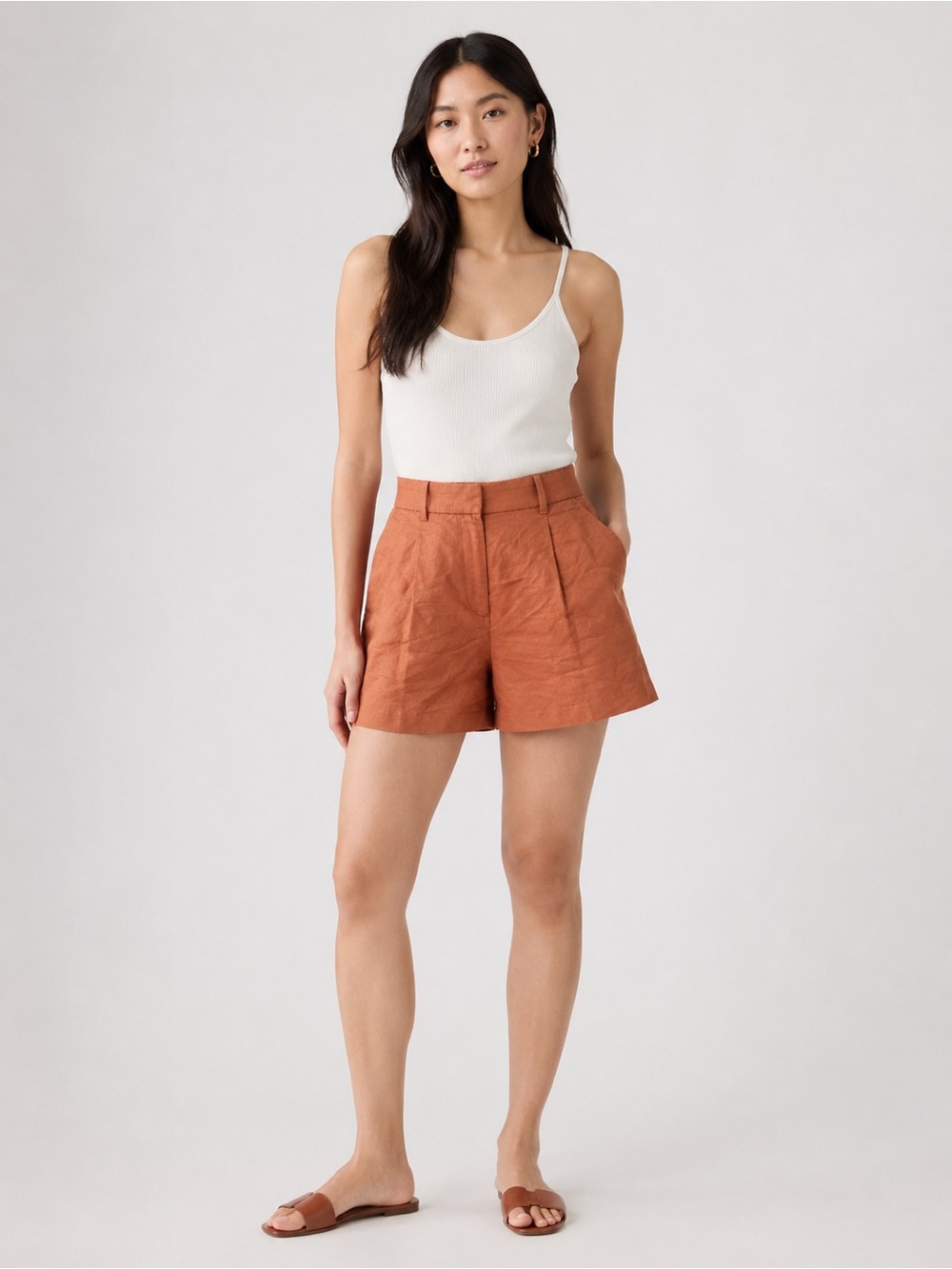 H&M Rust / Terracotta Linen Blend Pleated High Rise Bermuda Shorts Size 4 EUR 36